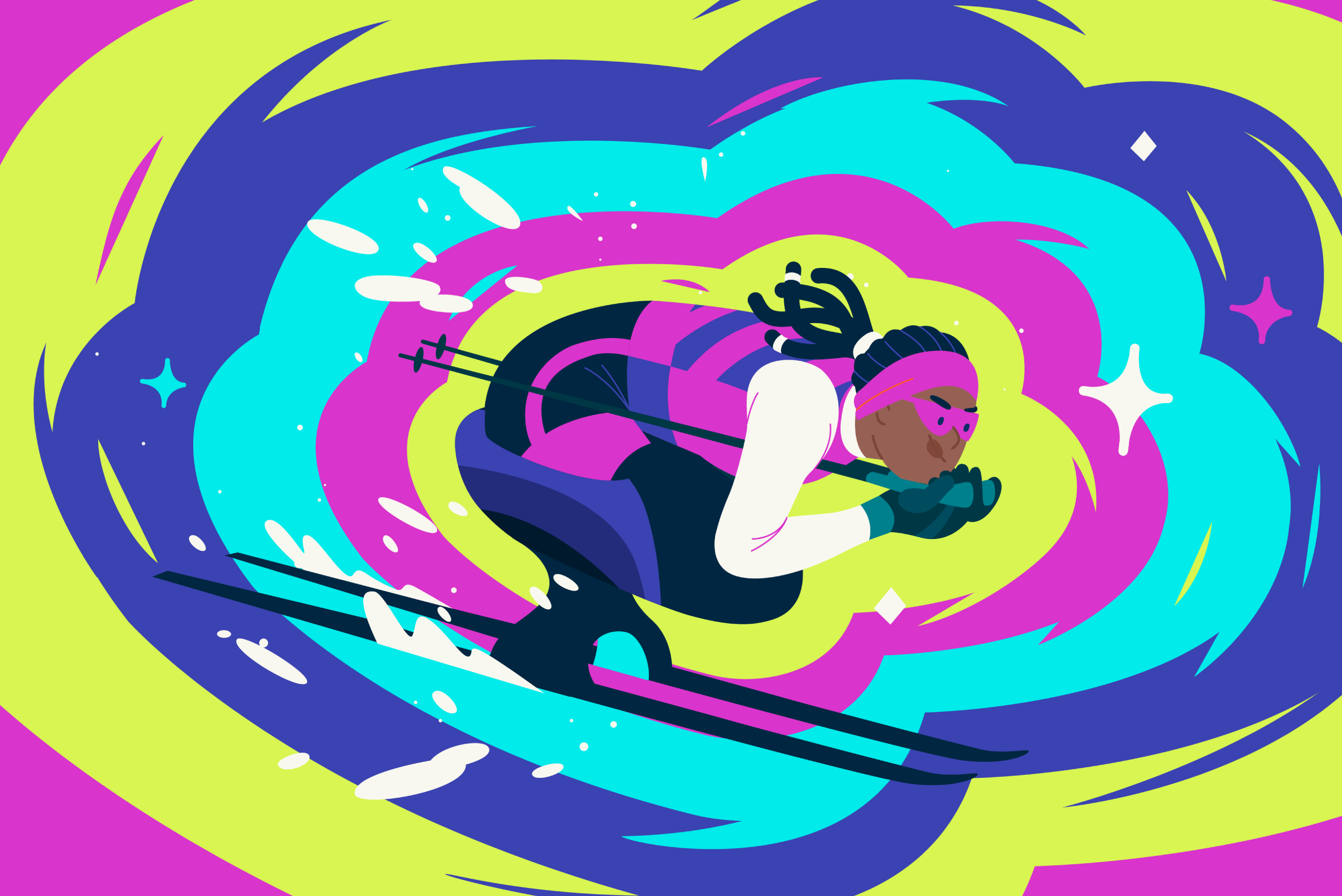 Illustration of a Paralympic athlete in the middle of a cross-country ski race, featuring bright colors and shapes that evoke full speed