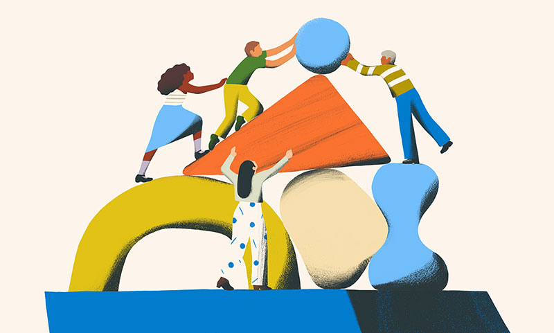 A colorful illustration of various characters building a structure made up of geometric shapes