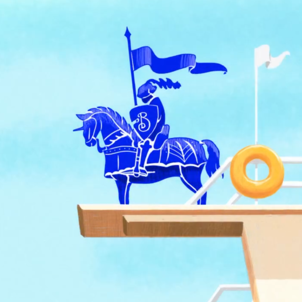 Illustrations created for a Burberry campaign featuring the iconic character on his horse and on a diving board at a swimming pool