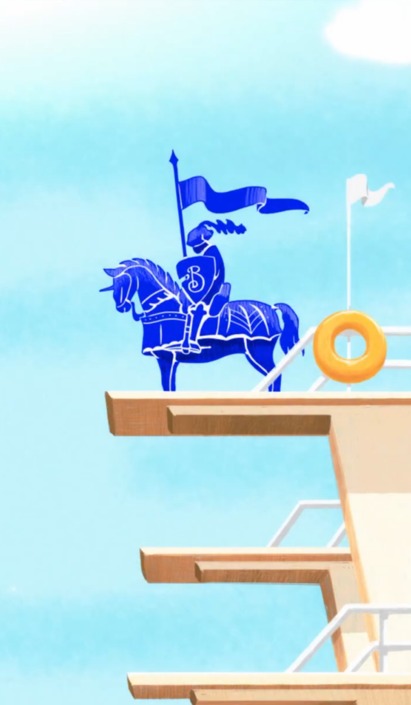 Illustrations created for a Burberry campaign featuring the iconic character on his horse and on a diving board at a swimming pool