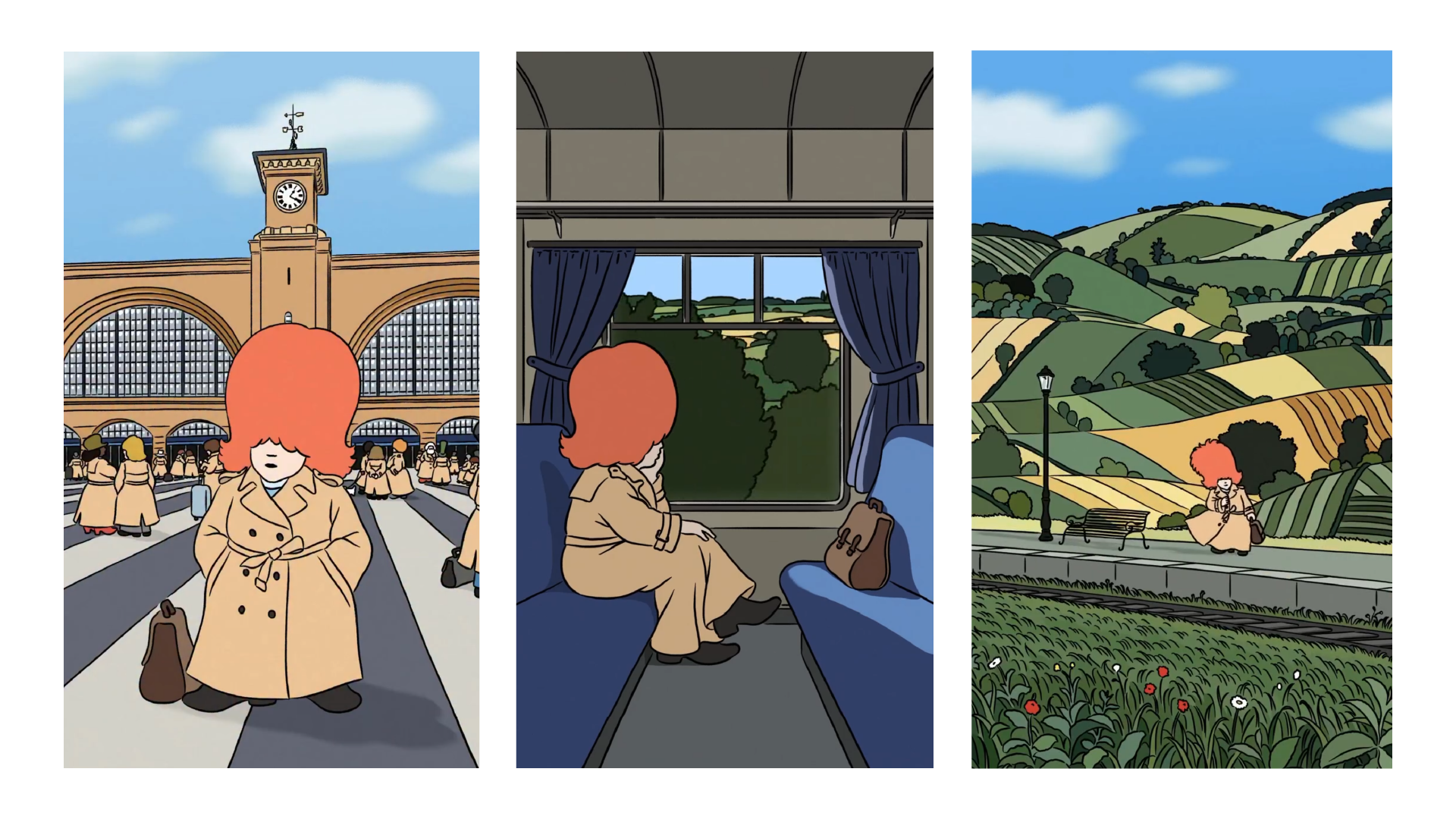 Illustrations created for a Burberry campaign featuring a character in a trench coat who is traveling
