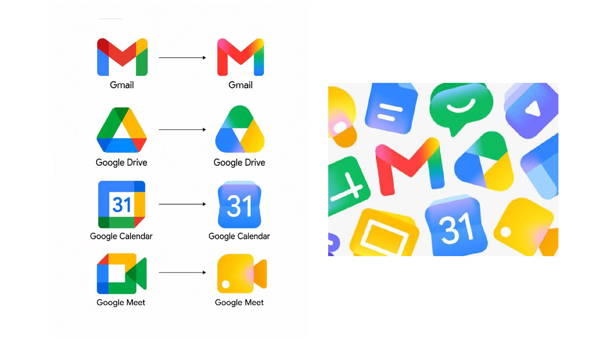 Before-and-after comparison of Google interface logos with gradients.