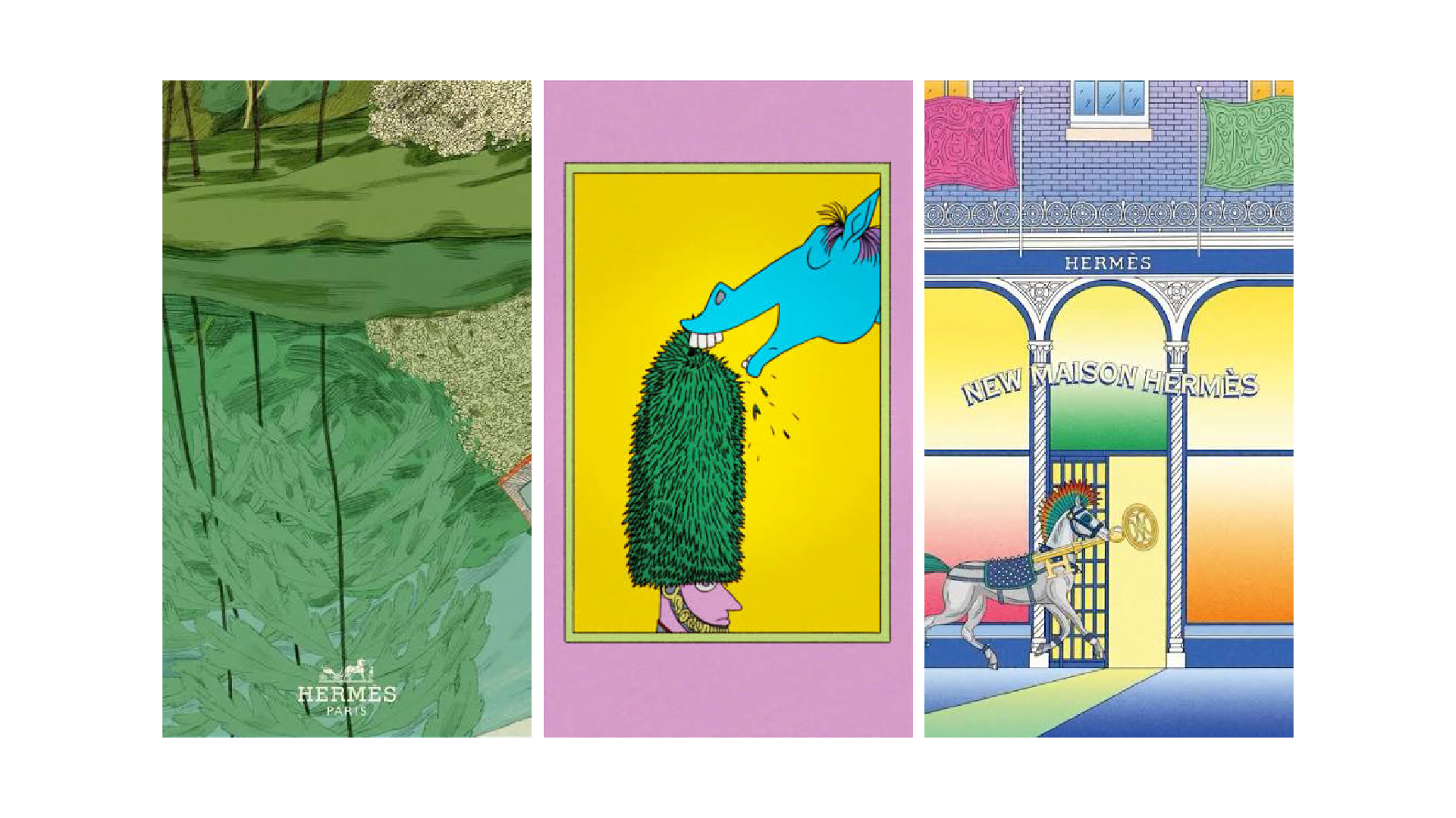 Illustrations by three very different artists, three different style, for the same brand, Hermès