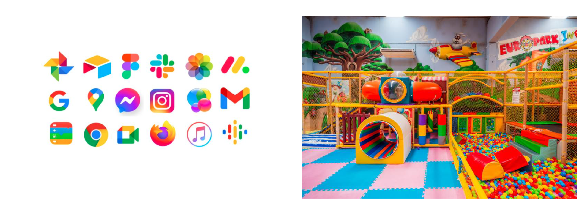 A collection of tech industry logos presented together using a similar color palette, compared to with an overly colorful children's play area