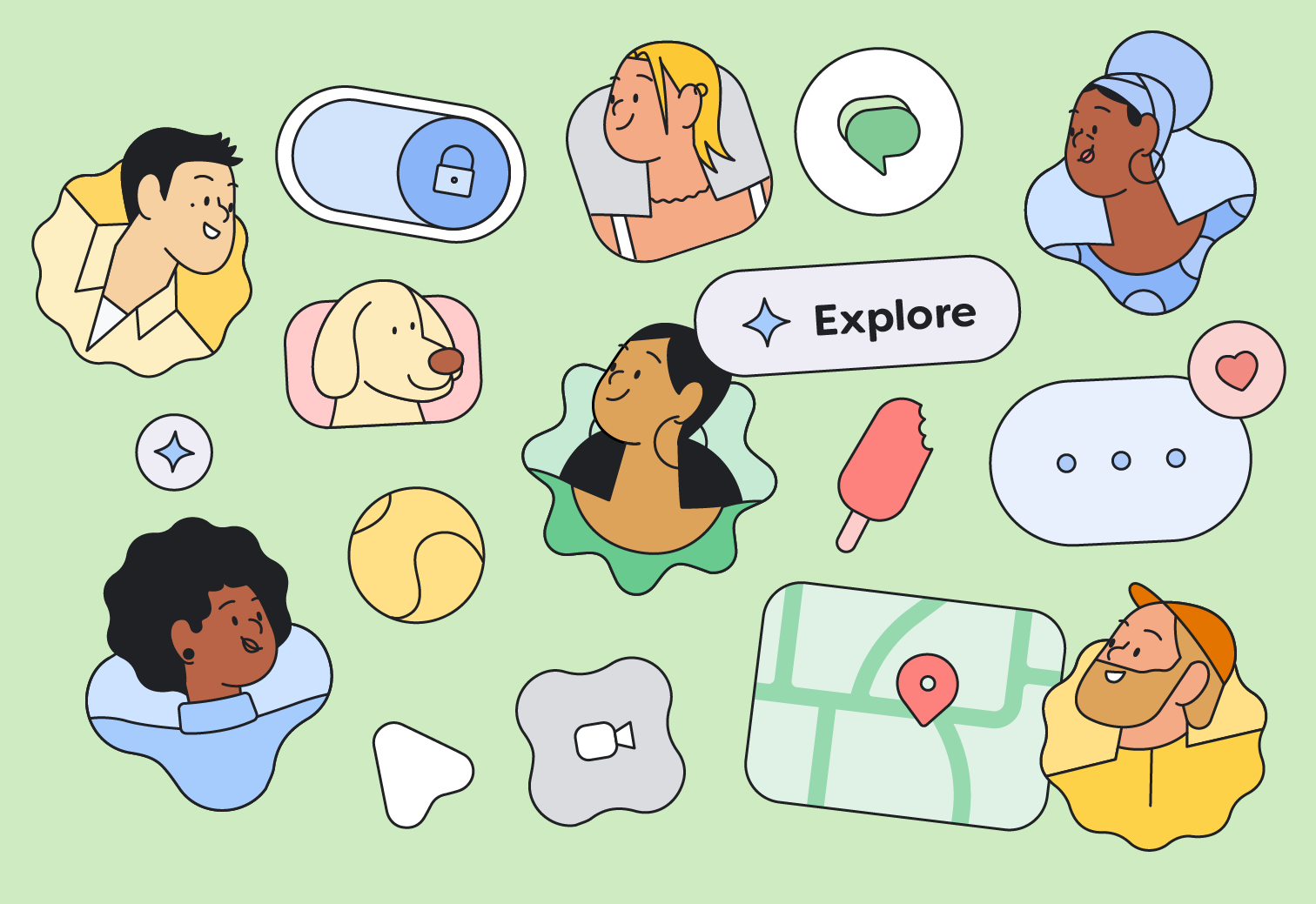 A collection of characters and geometric shapes created for the Google Pixel interfaces