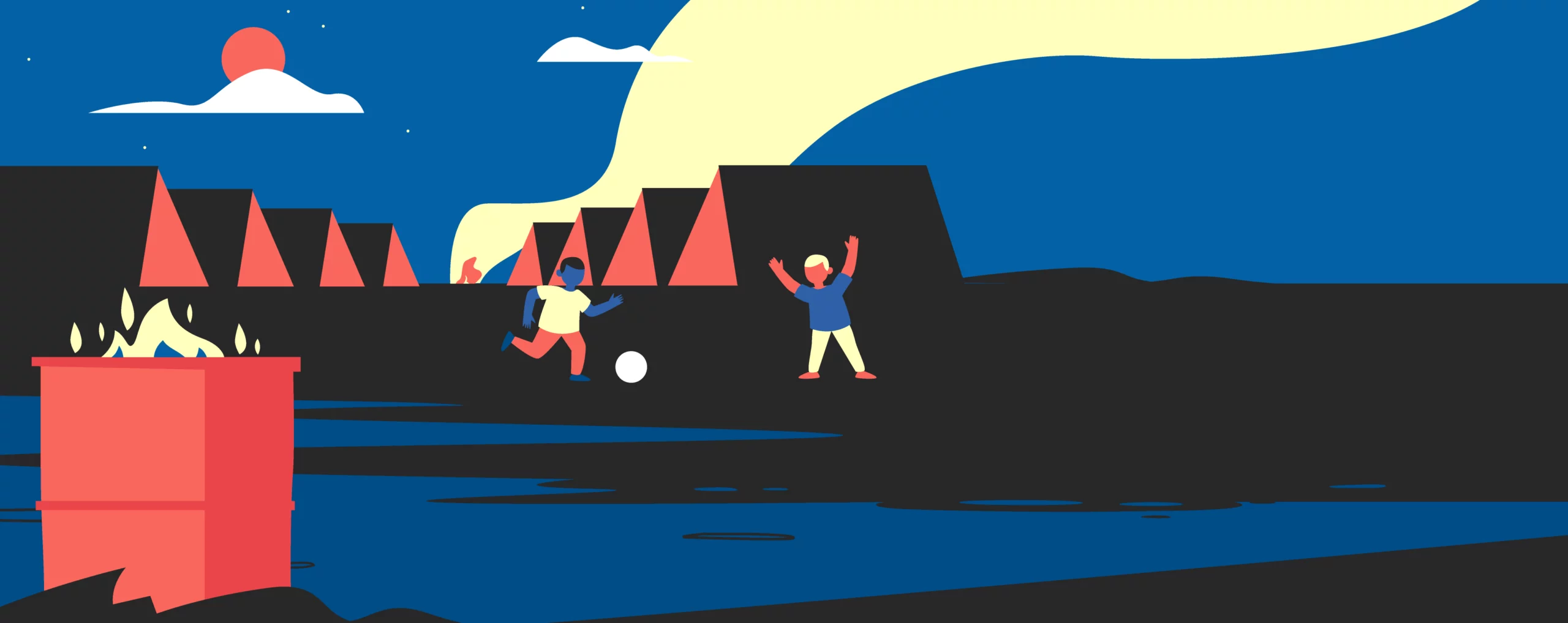 A camp scene; in the foreground, a fire is burning in a can; children are playing with a ball