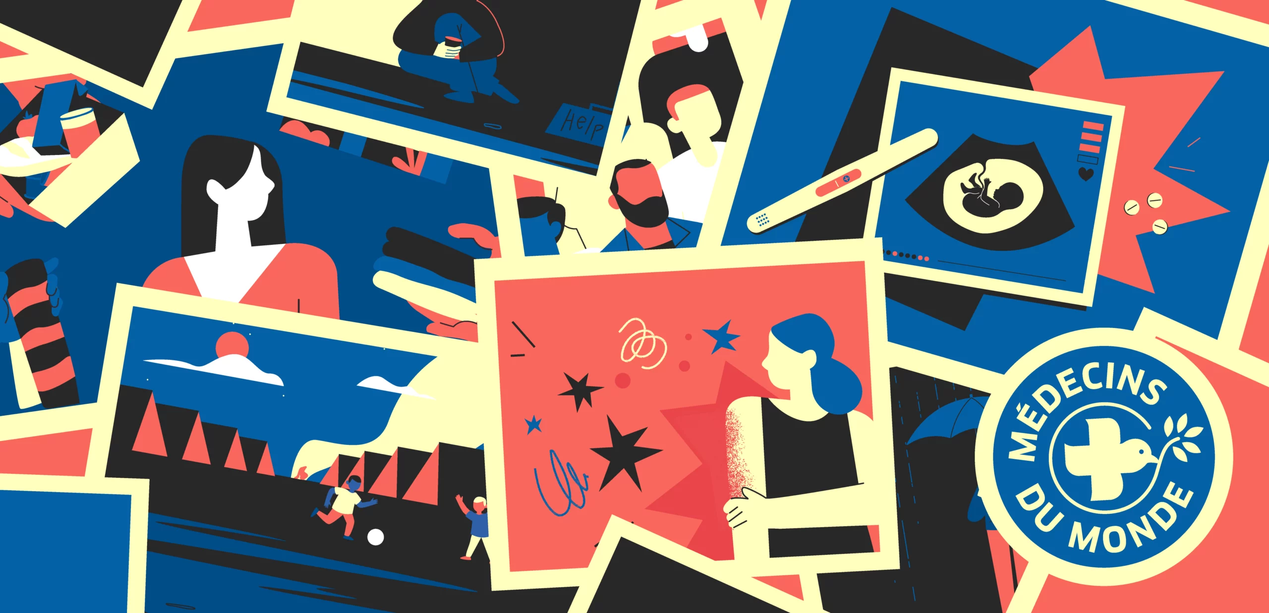 A graphic collage featuring several illustrations from the project created for Médecins du Monde NGO