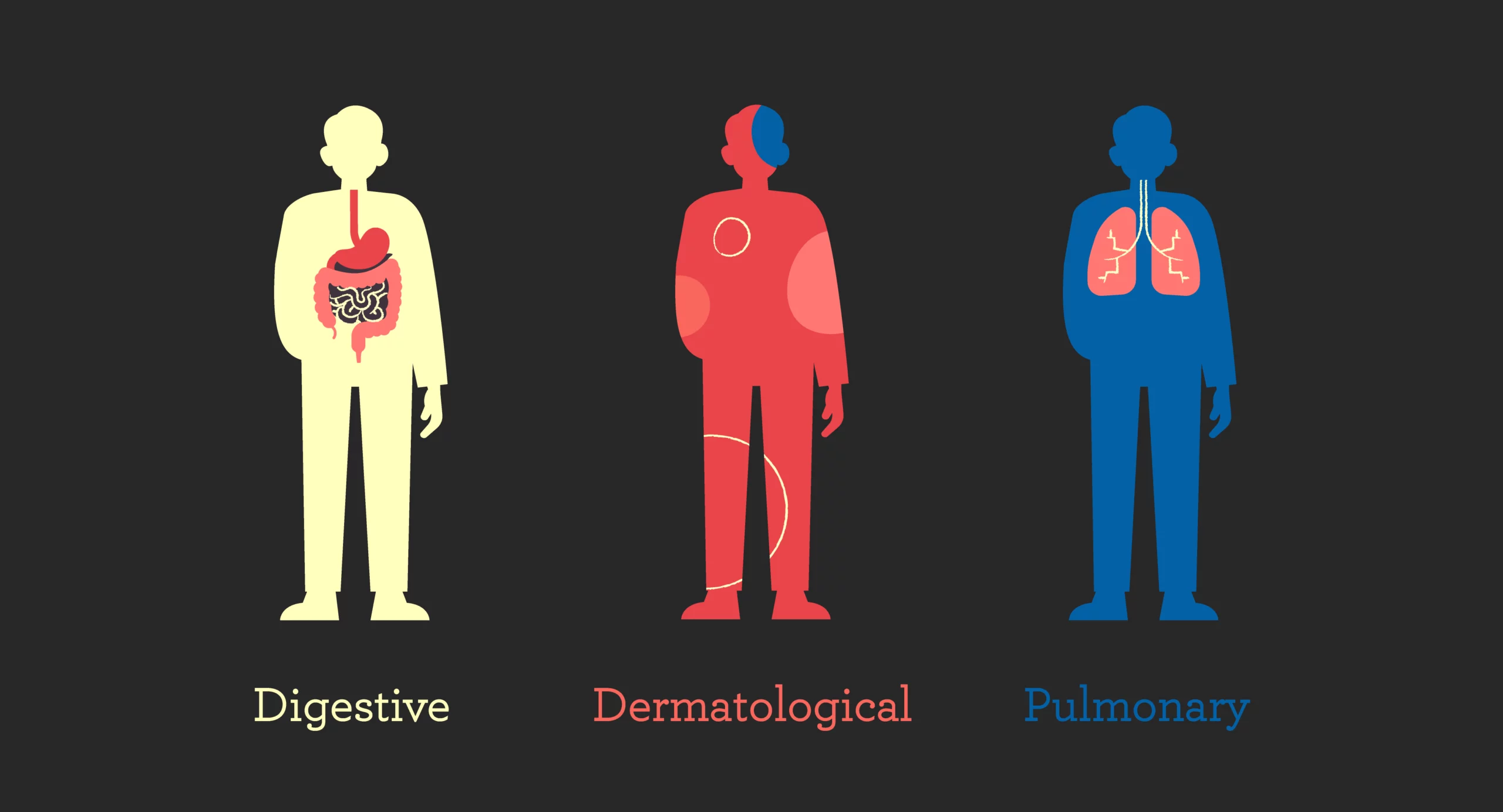 Three silhouettes, each representing a digestive, dermatological, and pulmonary problem