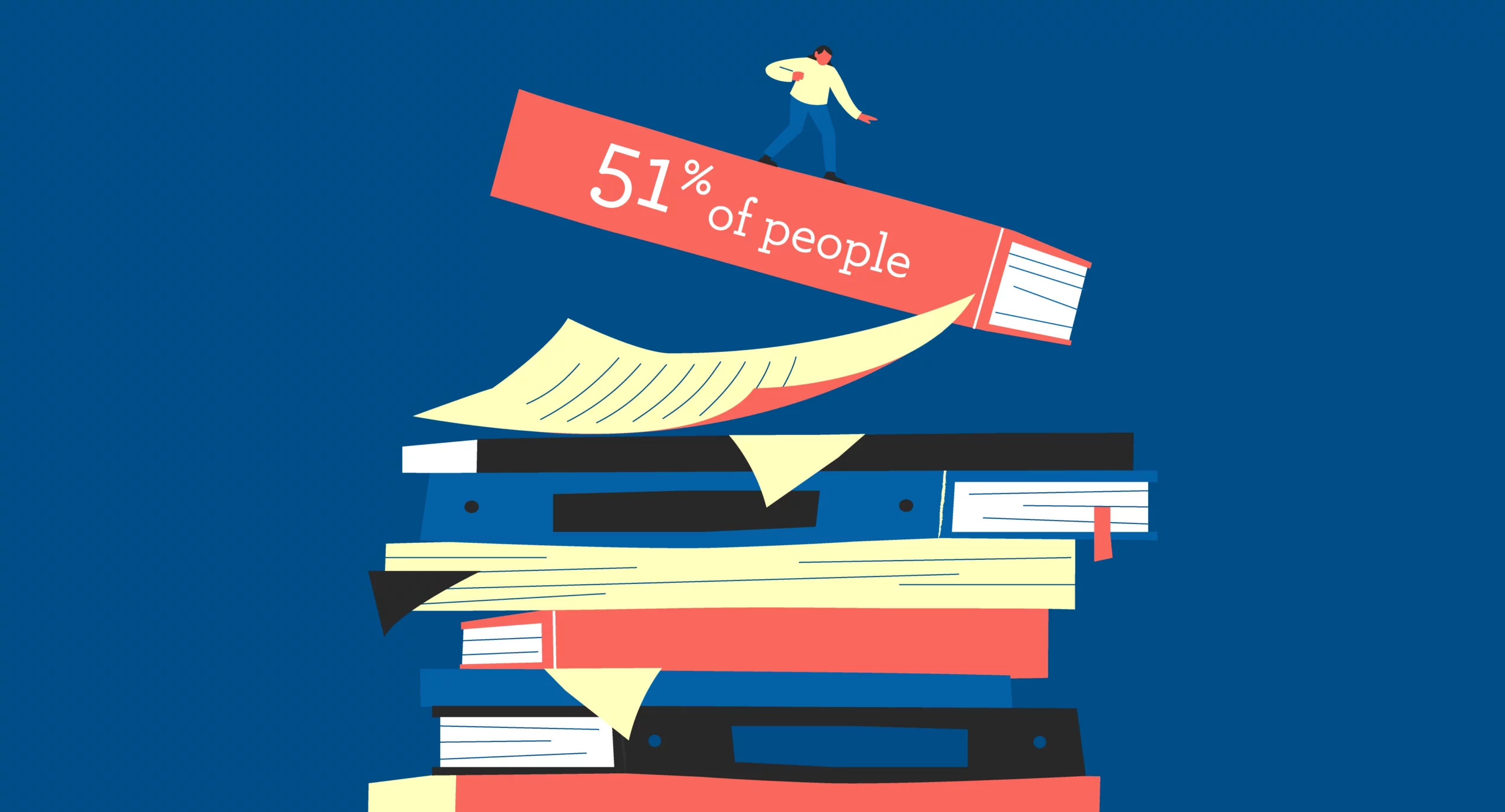 A little figure is riding a huge pile of files and documents that are piling up
