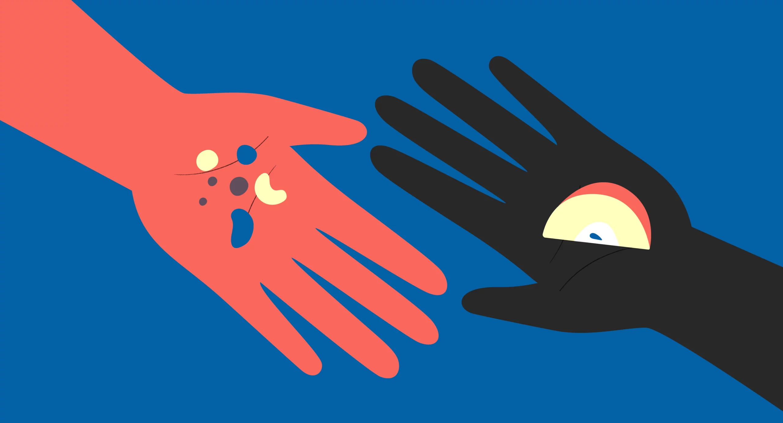 A minimalist illustration of two outstretched hands offering food and medicine to one another