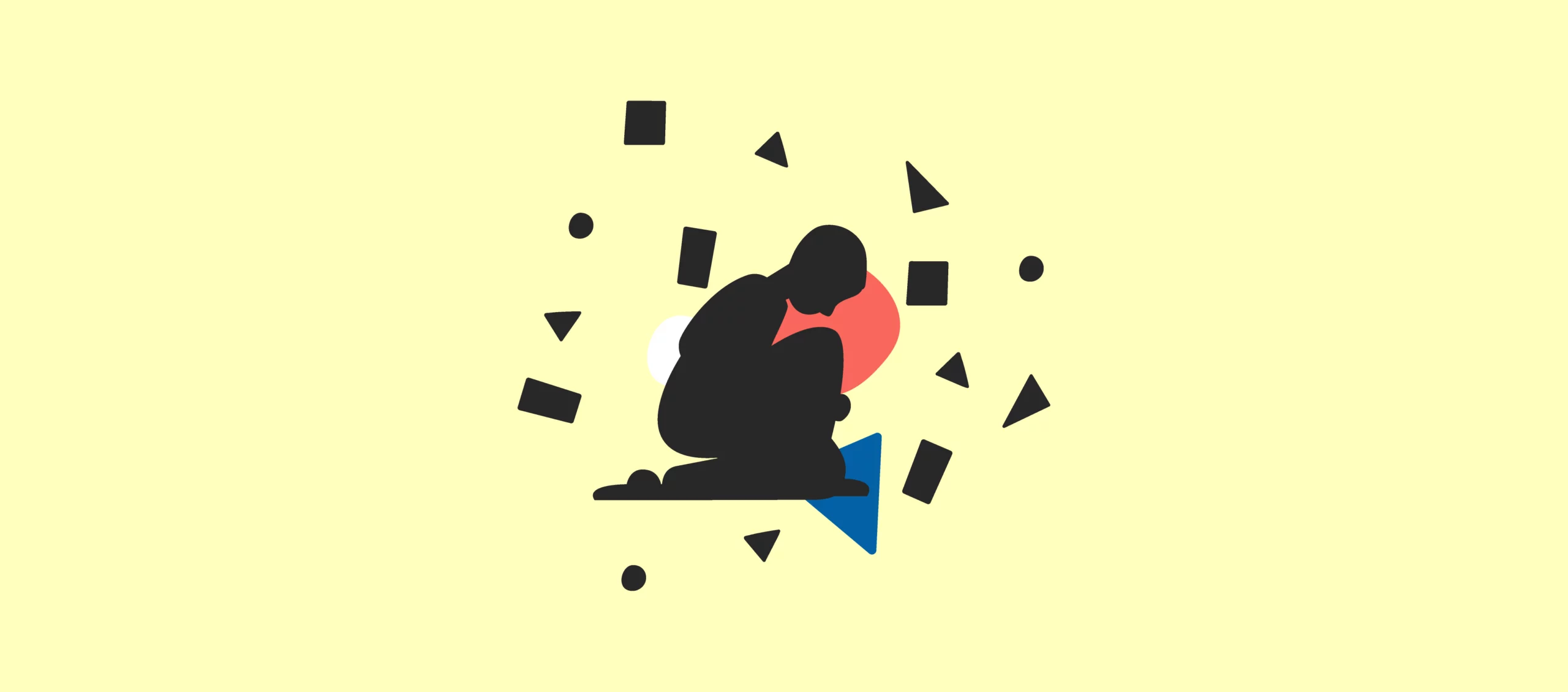 A silhouette of a figure, isolated and curled up in the center of the image; geometric shapes surrounding it illustrate the figure's struggles