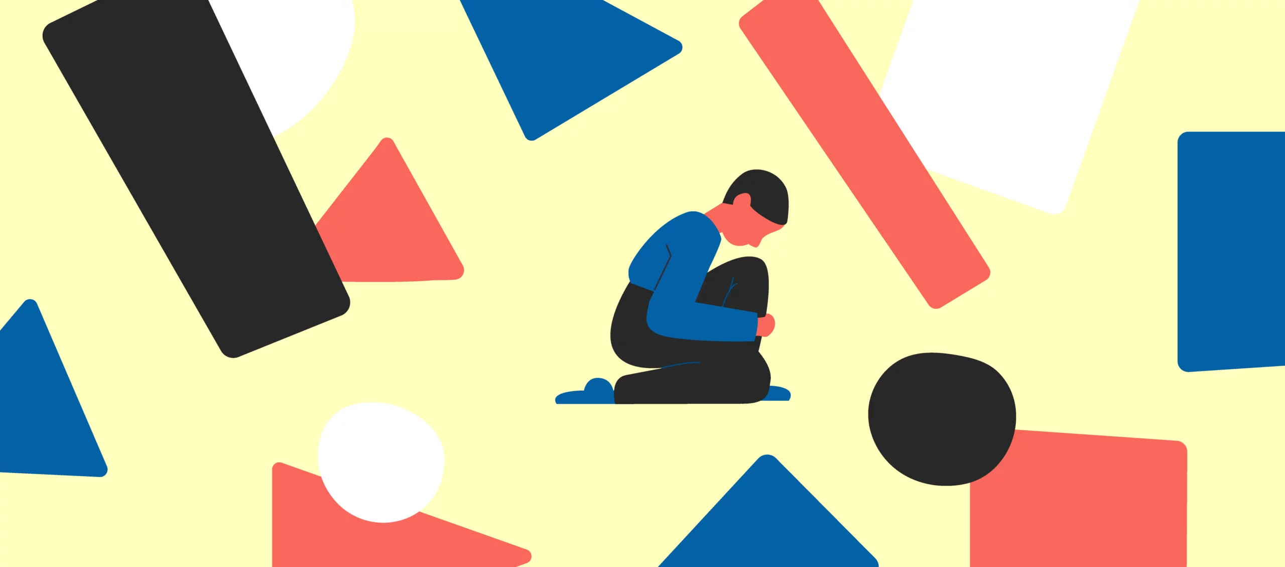 A solitary figure is curled up, surrounded by abstract shapes