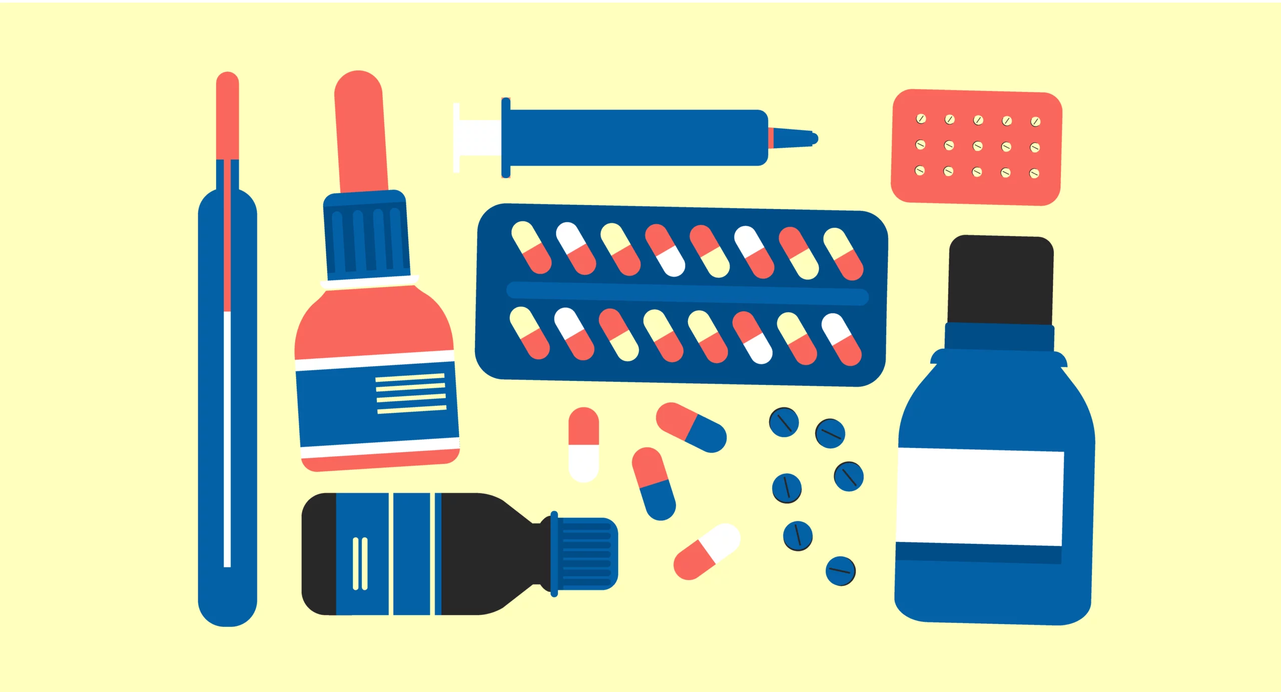 Medications, thermometers, and medicine bottles are grouped together to illustrate medical care