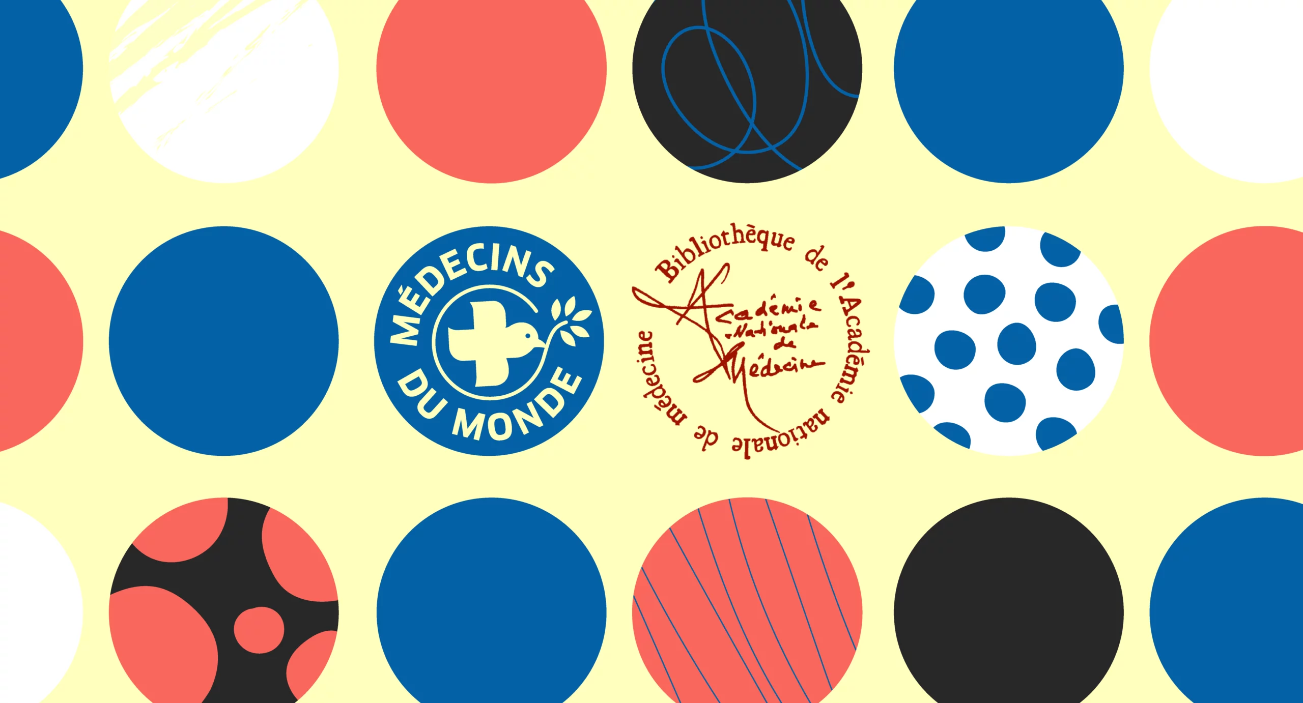 A series of circles in the colors of the Médecins du Monde brand identity, along with the logo of the National Academy of Medicine Library