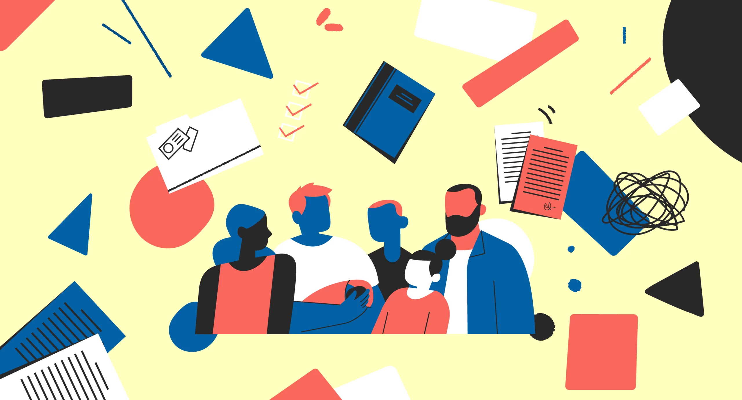 a group of characters of all kinds and ages in the center of the screen, gathered around documents