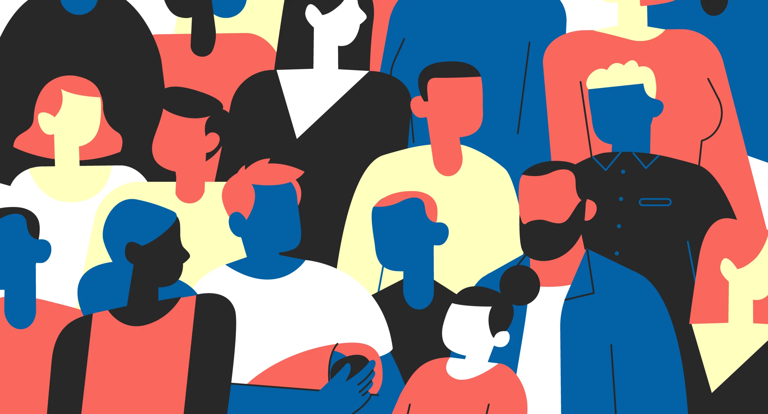 A group of characters representing refugees of all ages, genders, and nationalities.