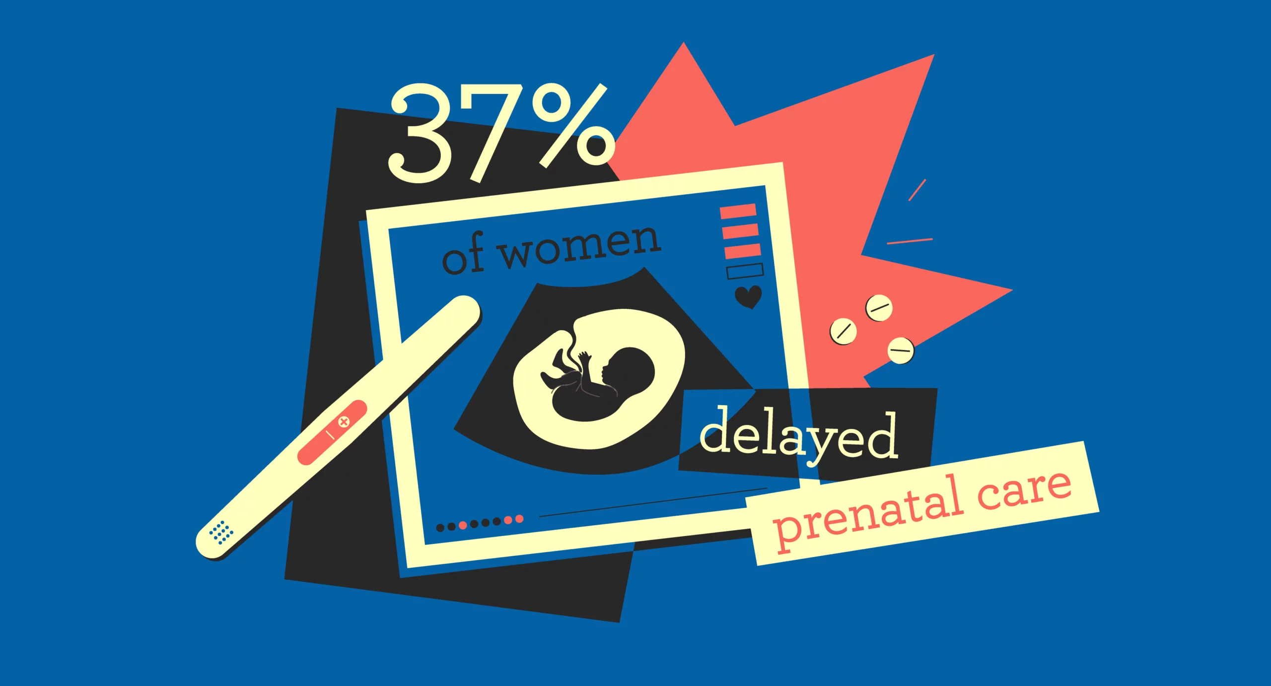 A graphic collage featuring typographic data, an ultrasound image, medications, and a pregnancy test
