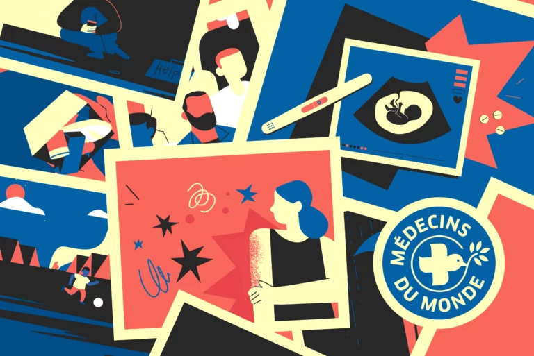 A graphic collage featuring several illustrations from the project created for Médecins du Monde NGO