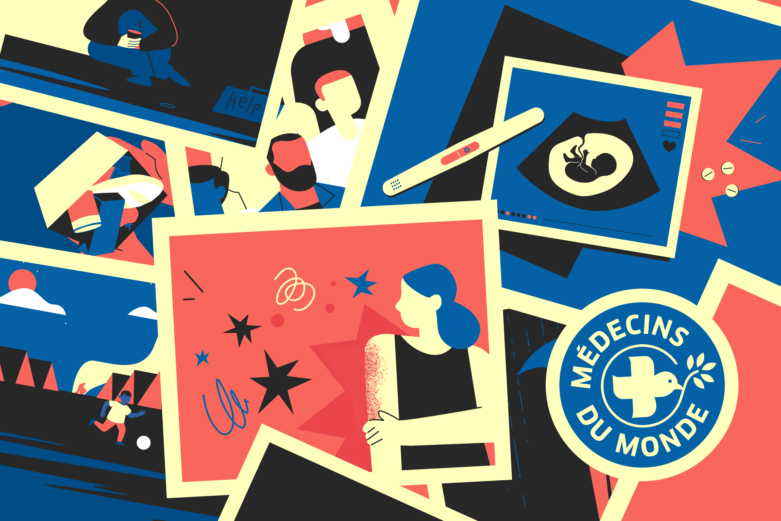 A graphic collage featuring several illustrations from the project created for Médecins du Monde NGO